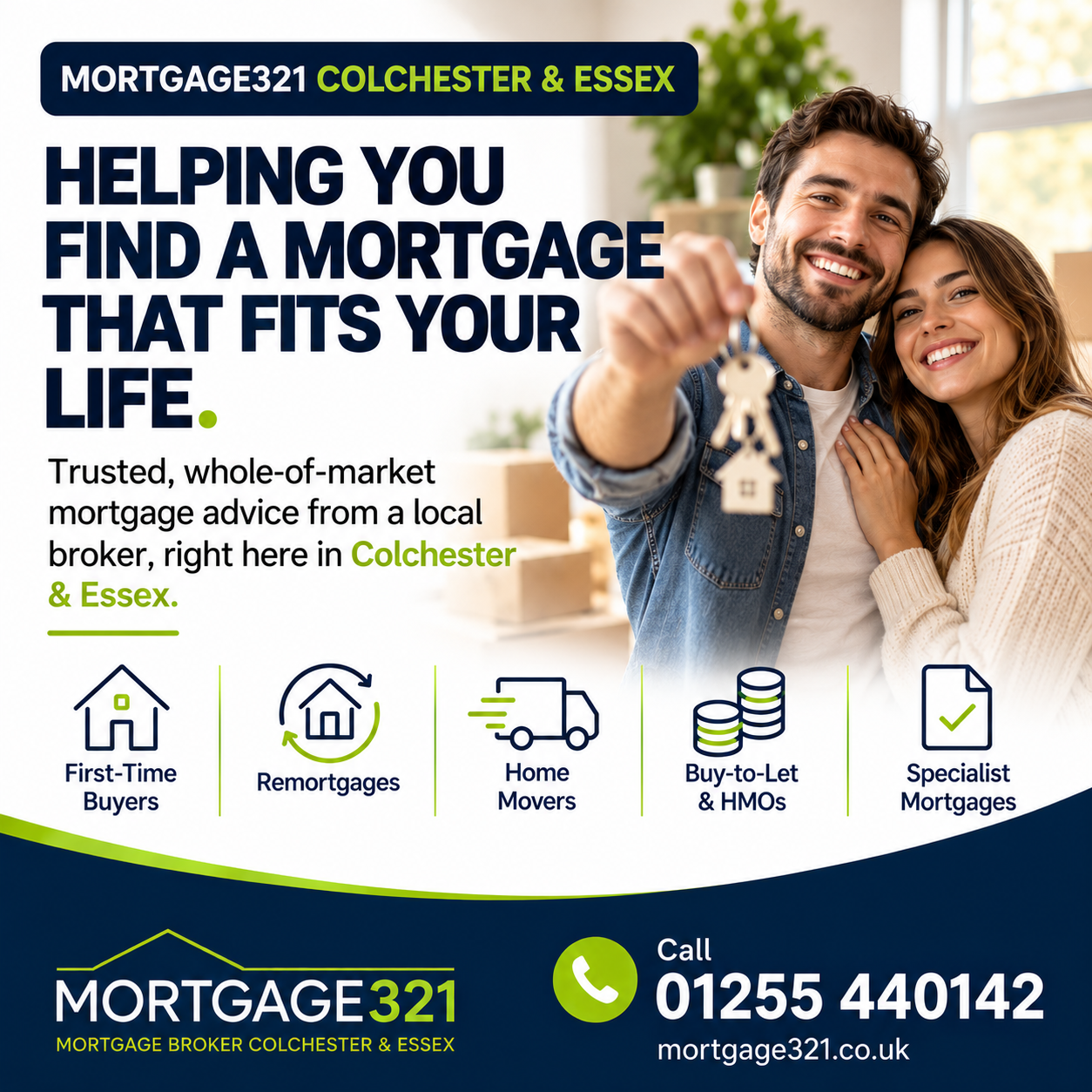 Mortgage321 advert: “Helping you find a mortgage that fits your life.” with a couple holding house keys