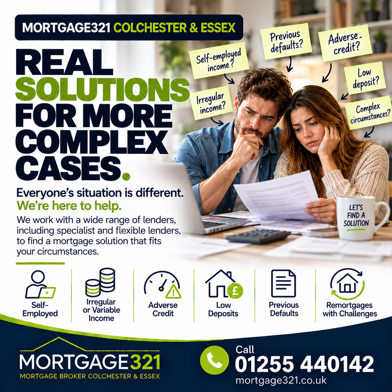 Mortgage321 advert: “Real solutions for more complex cases.” with sticky-note callouts and specialist service icons