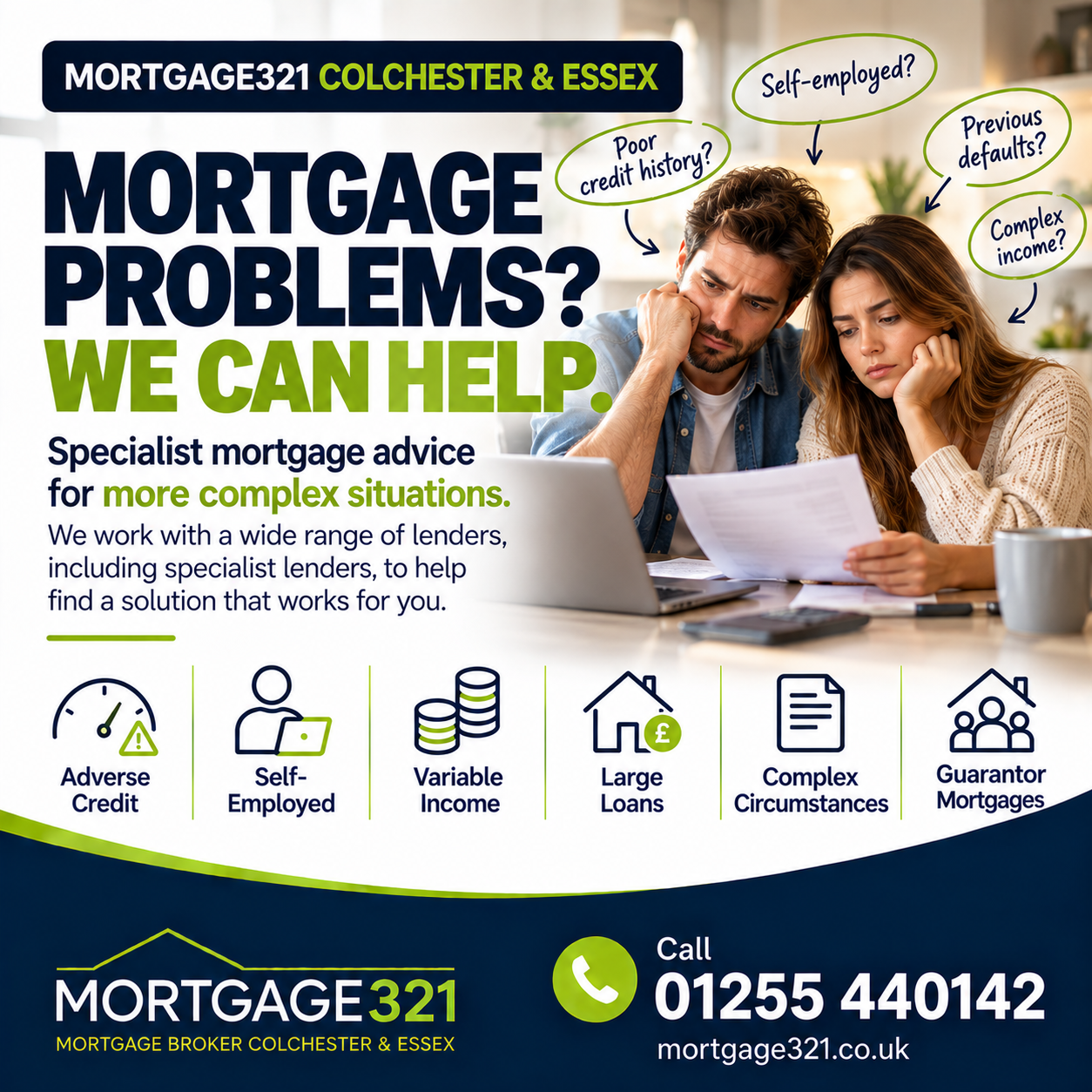 Mortgage321 advert: “Mortgage problems? We can help.” with adverse credit, self-employed and variable income icons