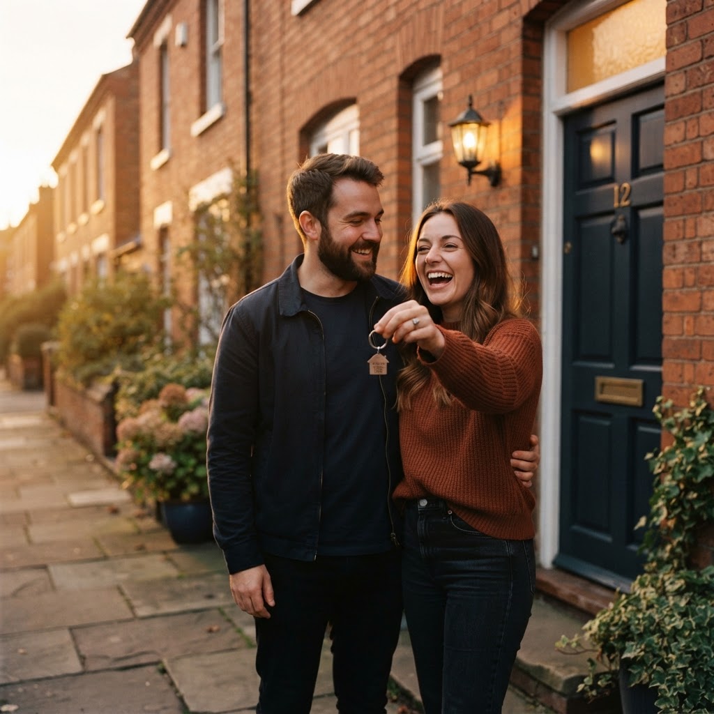 First-time buyers holding the keys to their first home outside their new house at golden hour