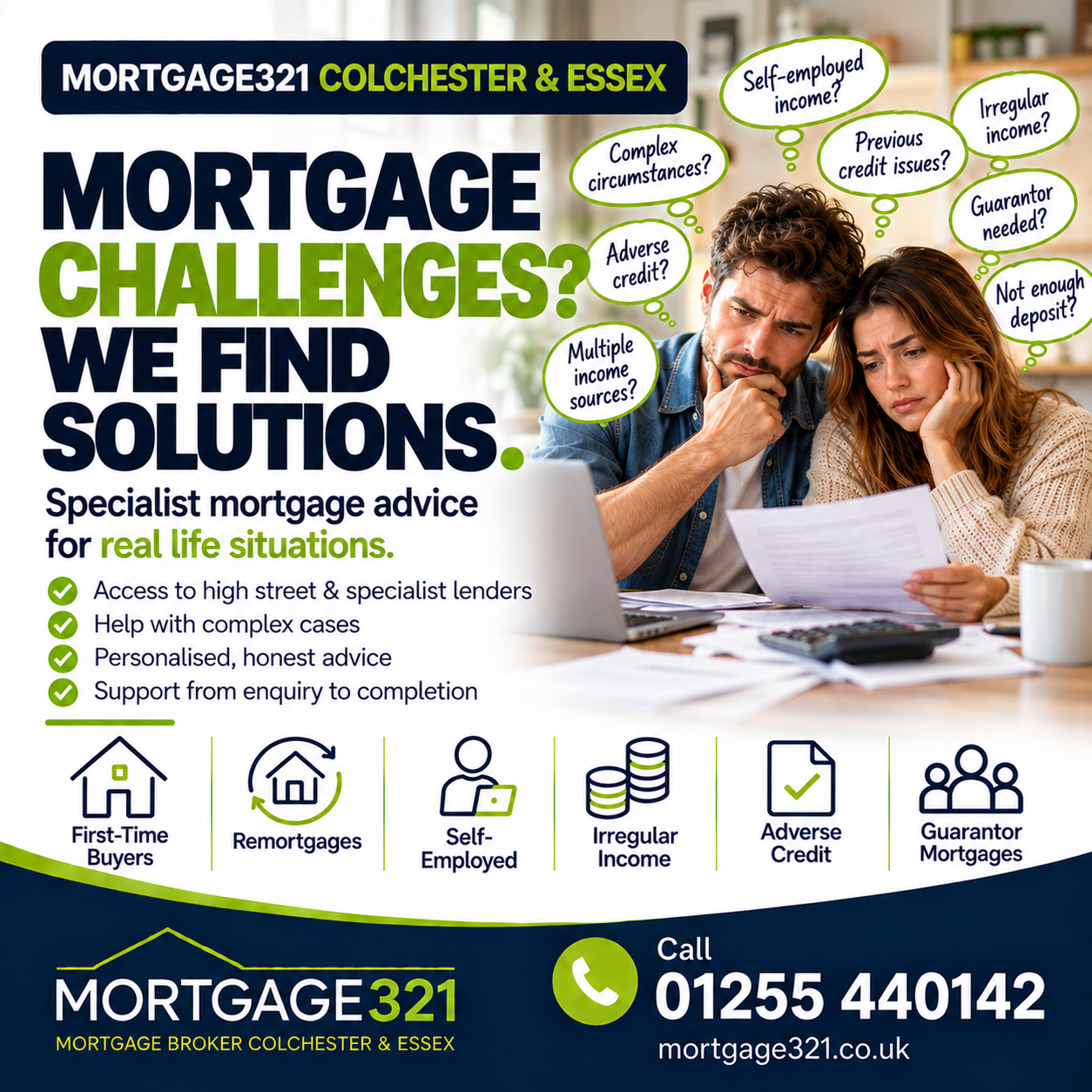 Mortgage321 advert: “Mortgage challenges? We find solutions.” with a checklist of client benefits