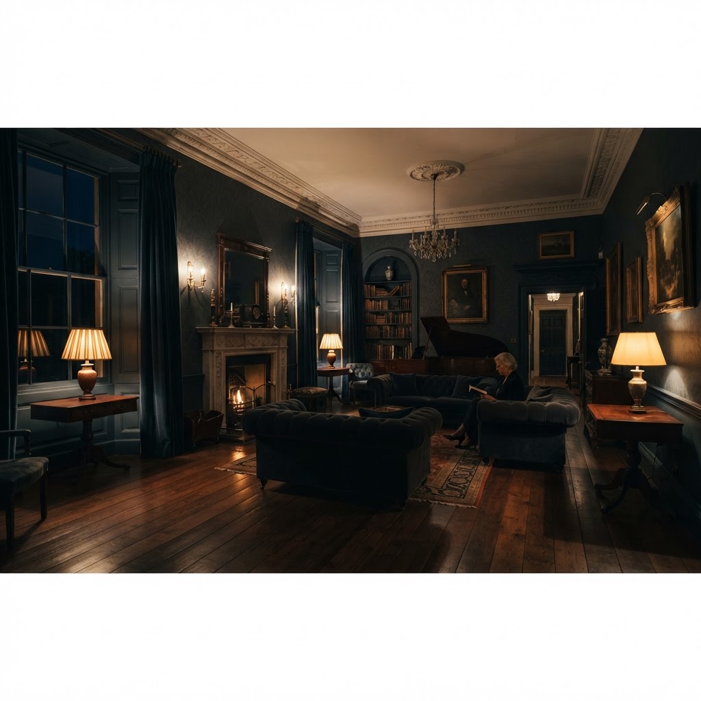 Elegant British period drawing room at night with warm golden light glowing from lamps and sash windows