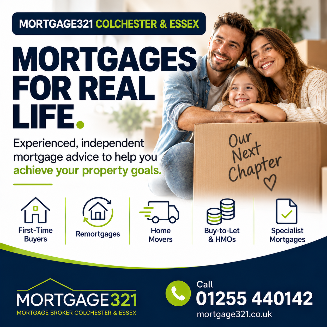 Mortgage321 advert: “Mortgages for real life.” with a family sitting among moving boxes