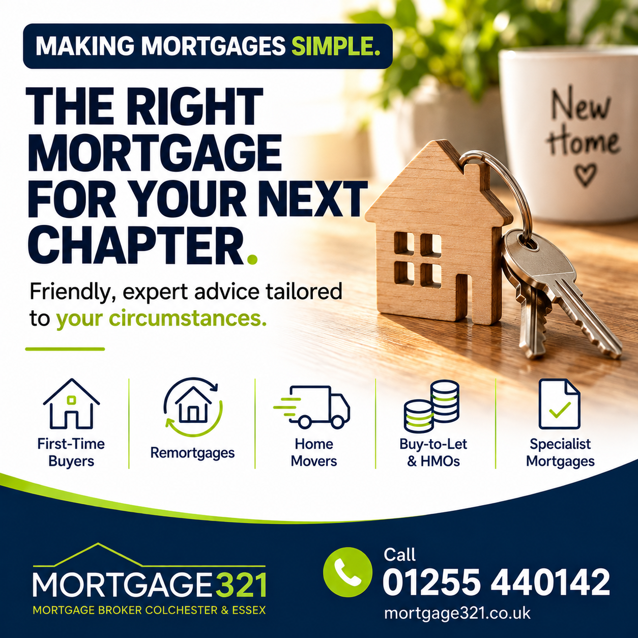 Mortgage321 advert: “Making mortgages simple.” with a wooden house ornament and keys