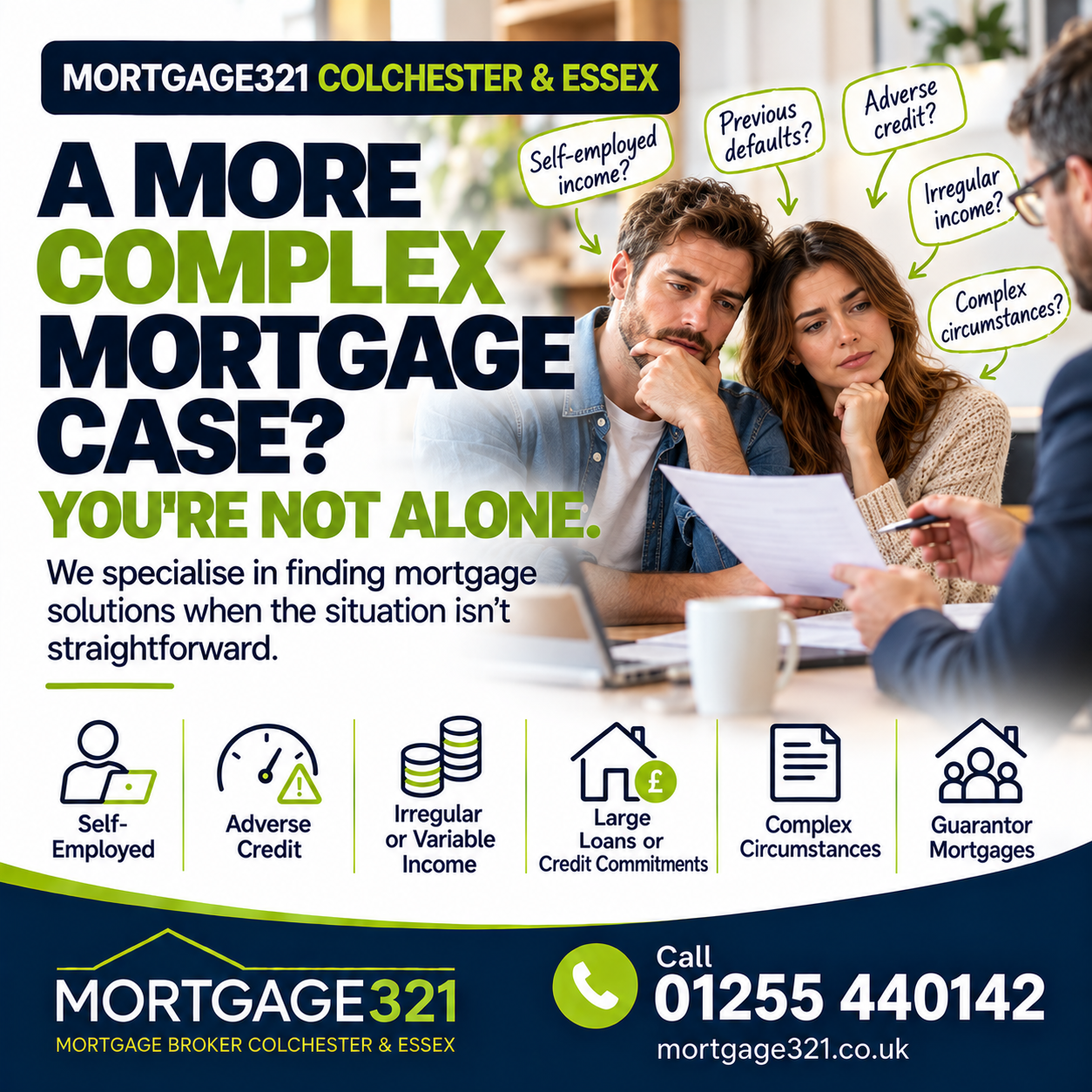 Mortgage321 advert: “A more complex mortgage case? You’re not alone.” with specialist service icons and call details