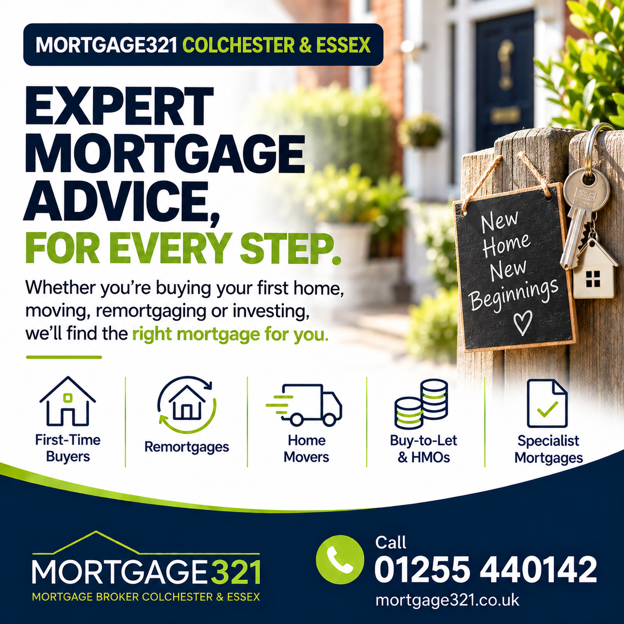 Mortgage321 advert: “Expert mortgage advice, for every step.” with first-time buyer, remortgage and home mover icons