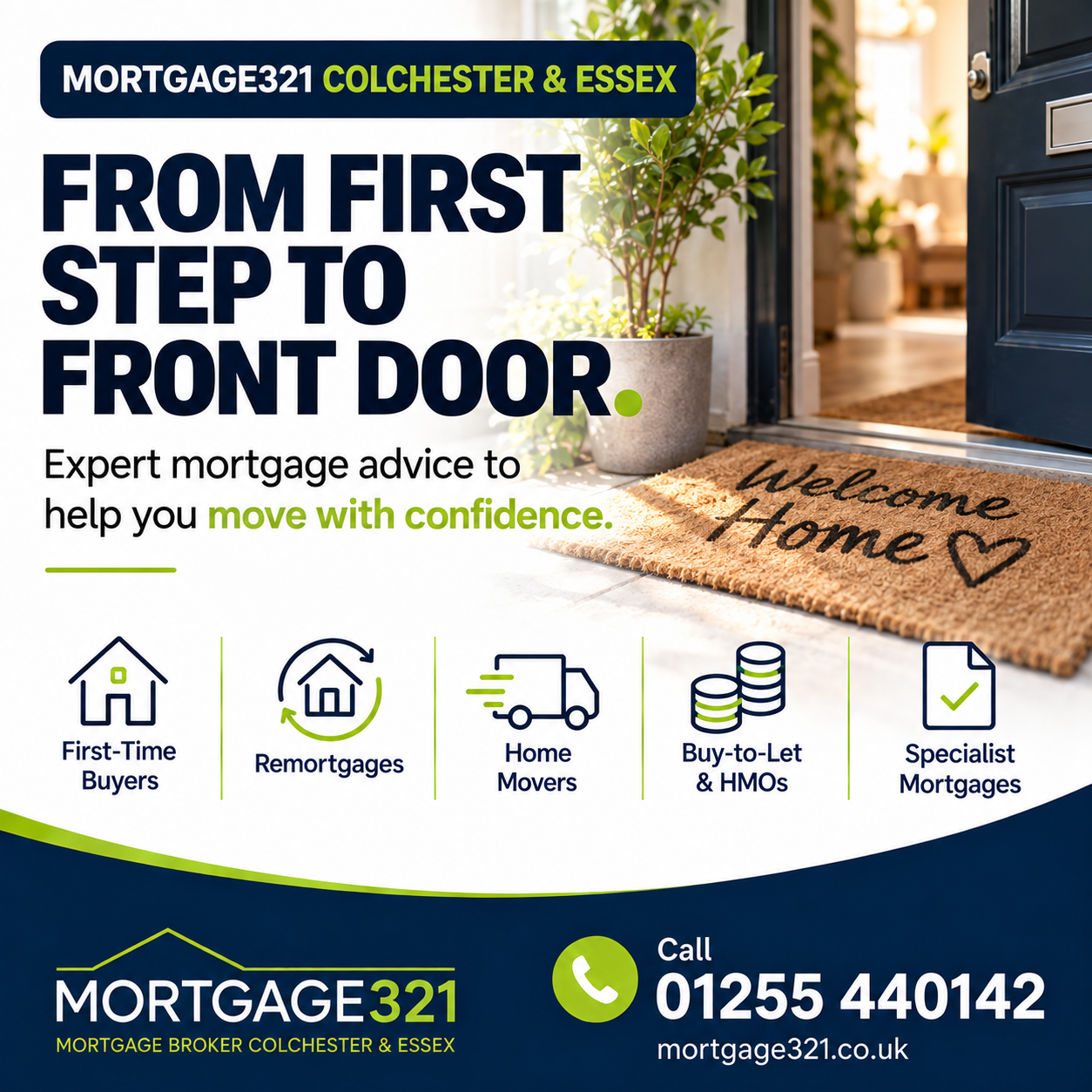 Mortgage321 advert: “From first step to front door.” with a welcome mat and service icons