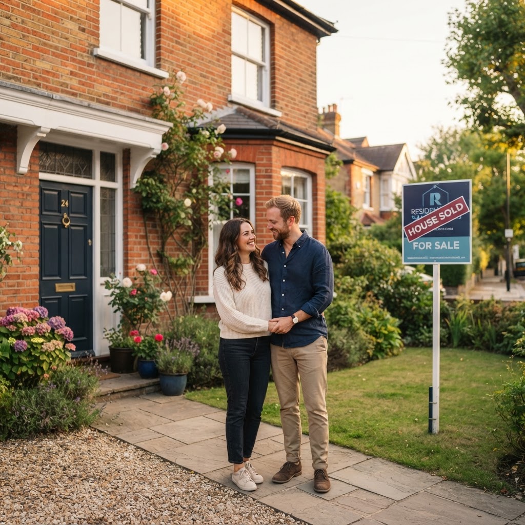 A couple outside their new family home, secured with a self-employed mortgage after one year's accounts and adverse credit