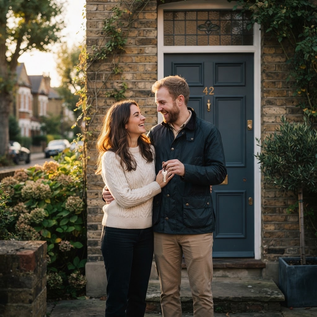 Happy couple standing outside their new home, holding the keys in warm golden light