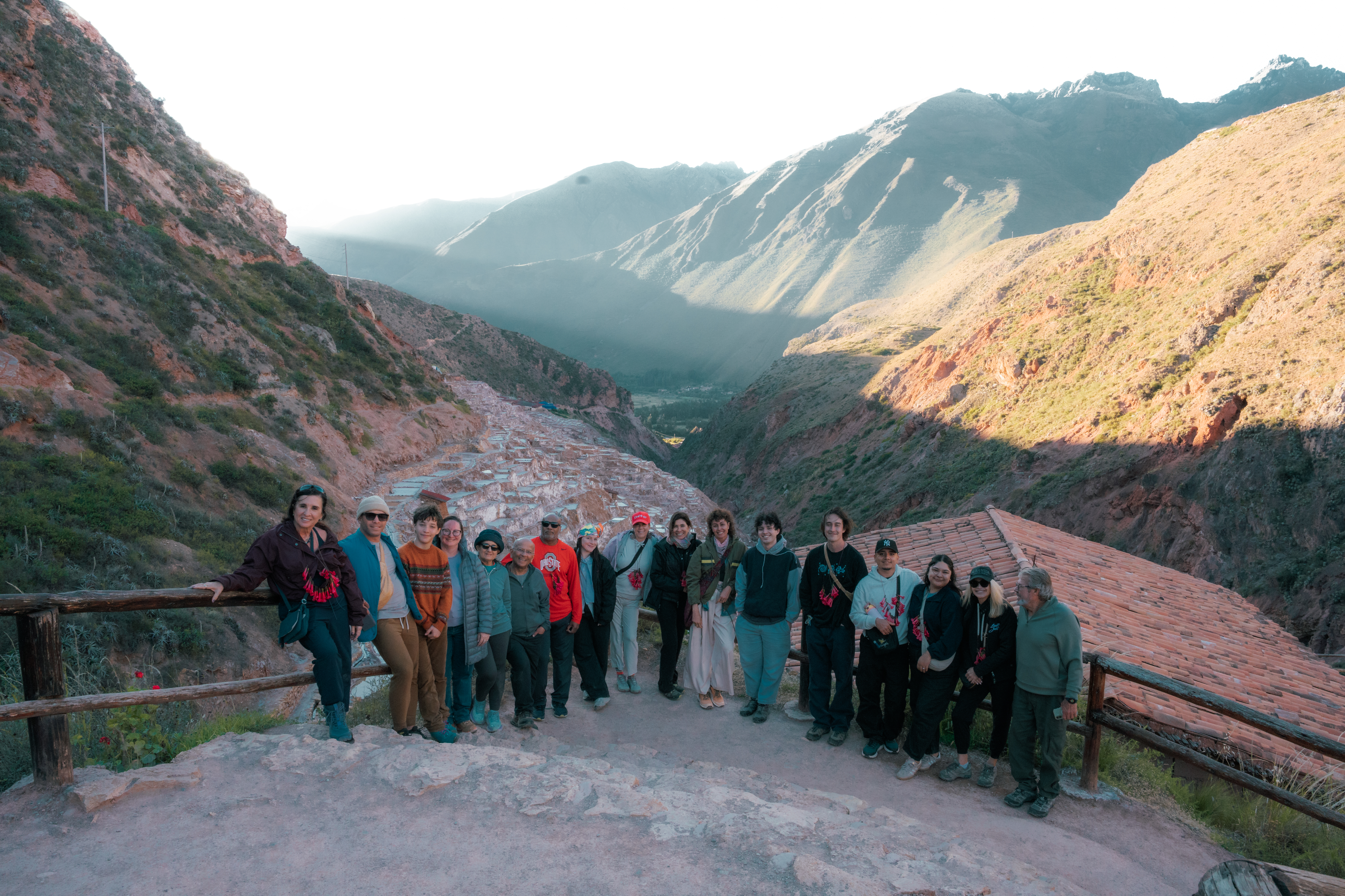 The retreat group at the Maras salt mines overlooking the Sacred Valley of Peru