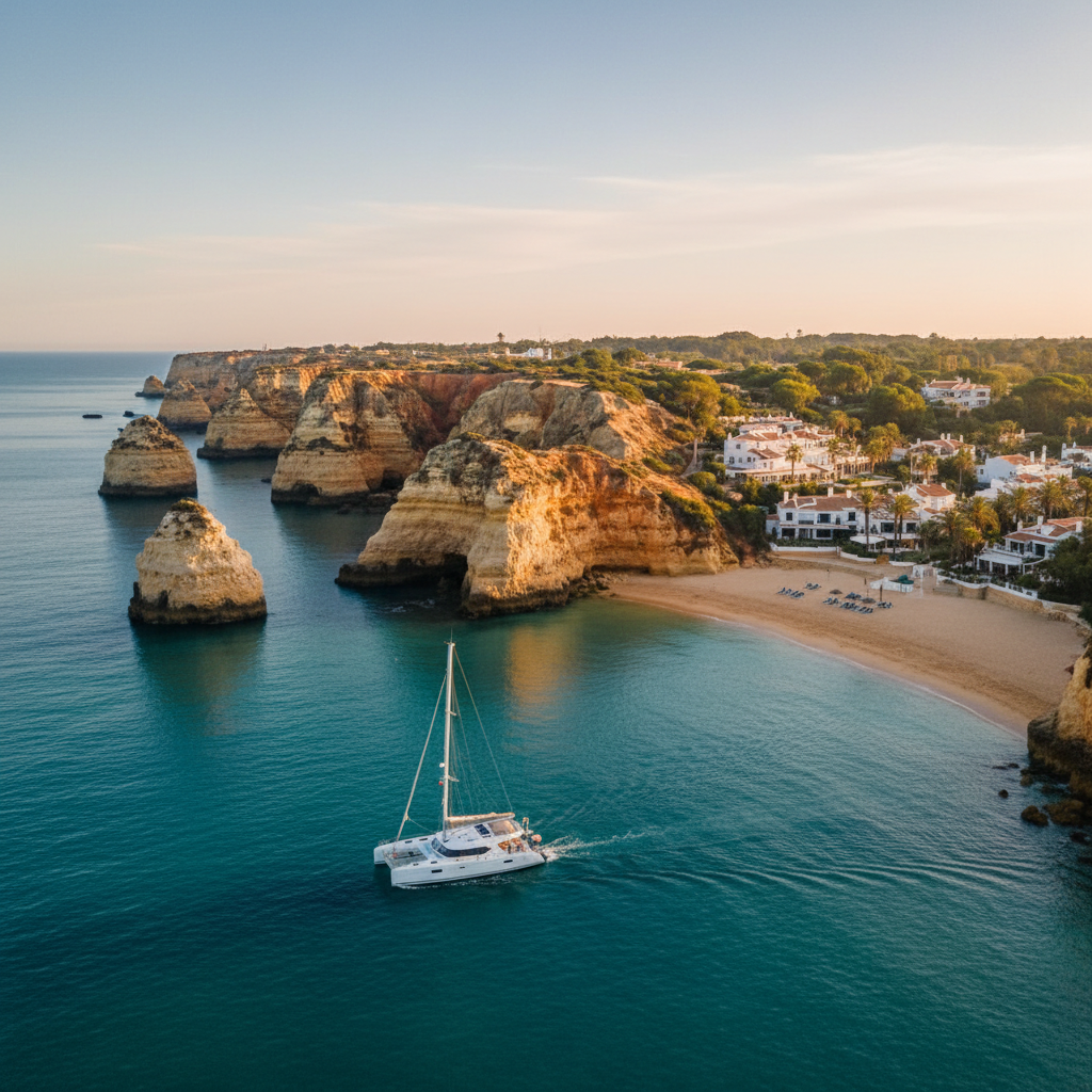 Golden cliffs and Atlantic coastline of Praia da Luz, Algarve, Portugal