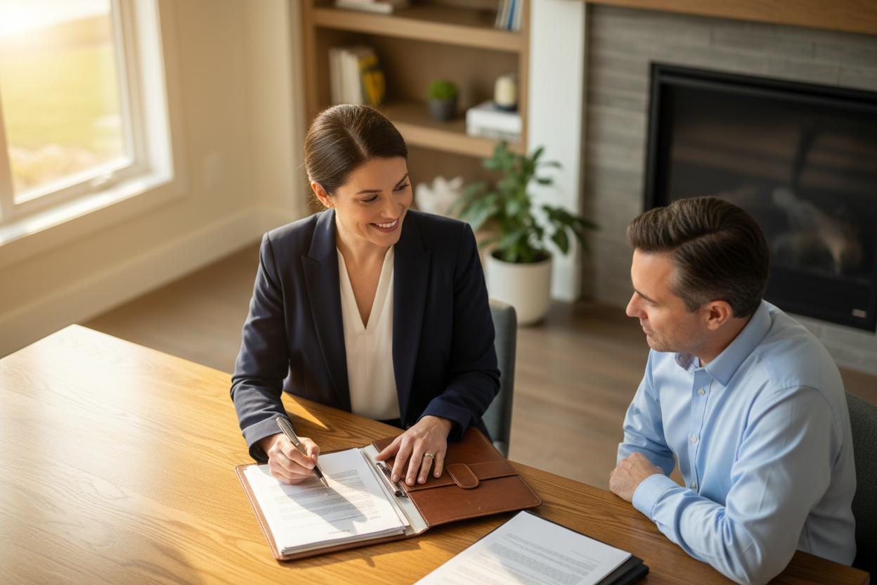 Professional mobile notary helping a client sign documents at their home in Maryland