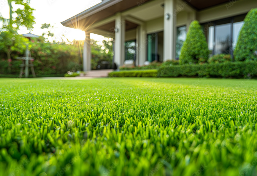 Lush green lawn with sunlight