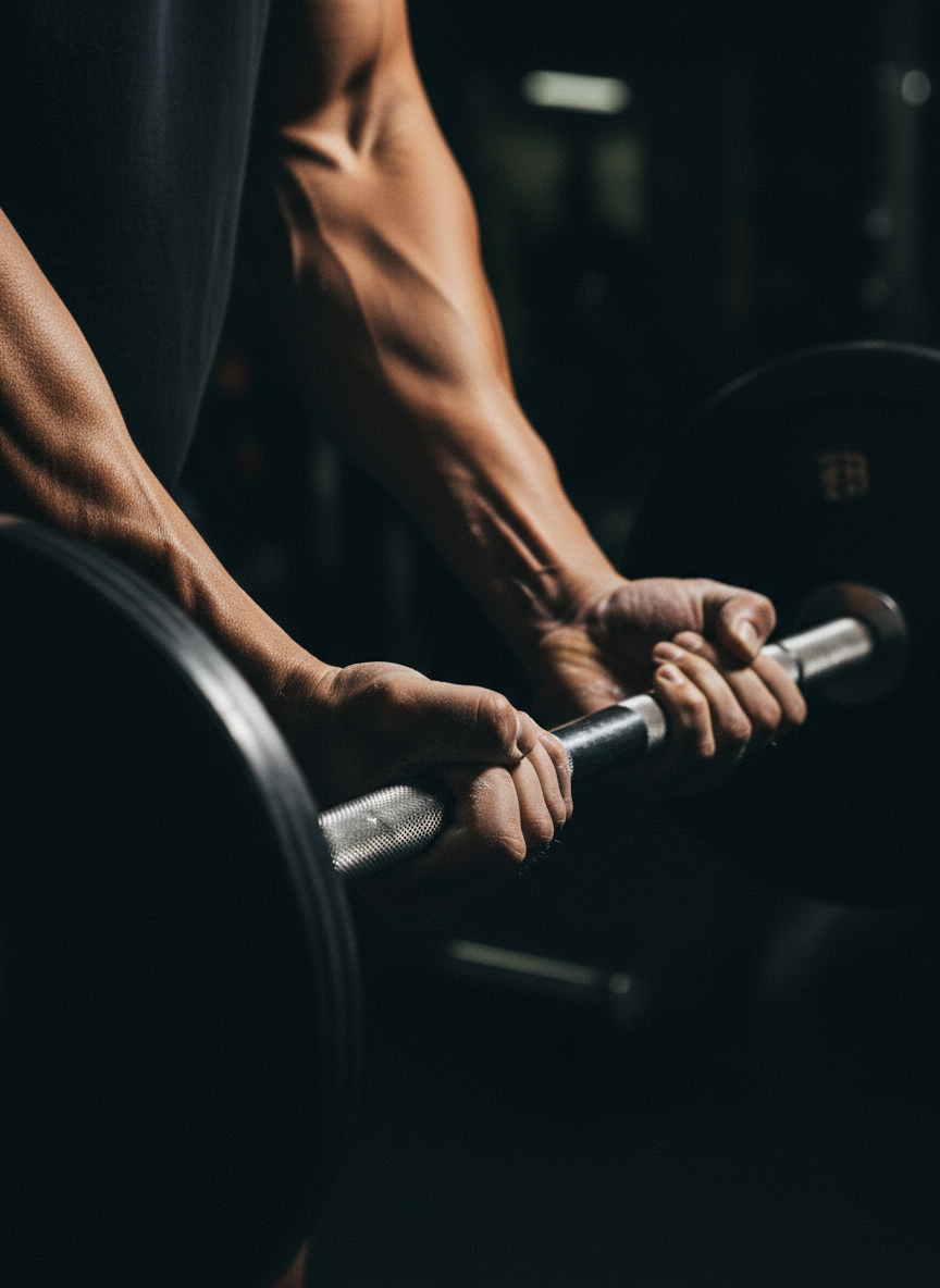 Intense close-up of hands gripping a barbell with chalk dust