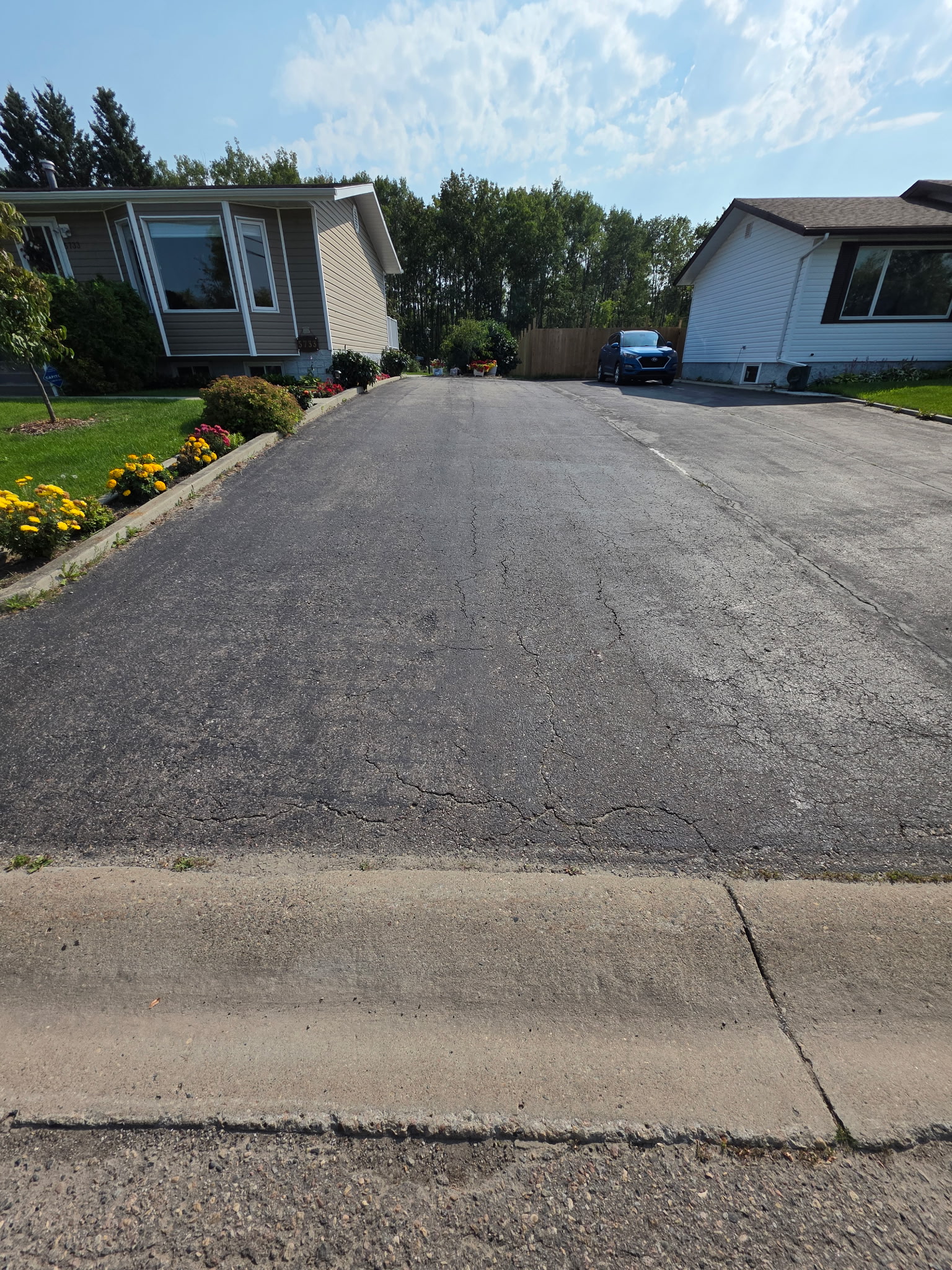 Faded, cracked residential driveway before oil-based sealant