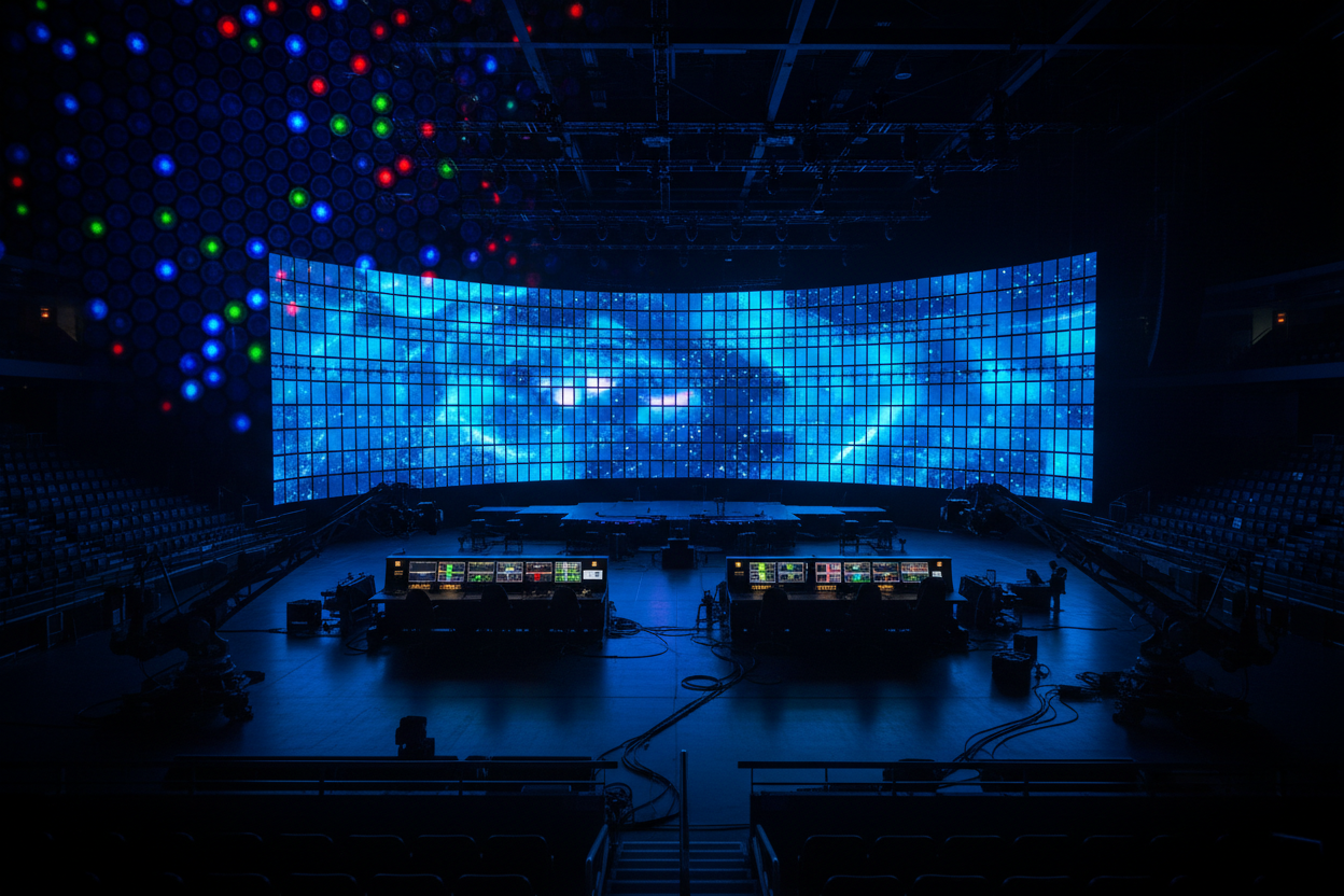 Mur LED haute résolution avec pixels bleus électriques visibles en macro