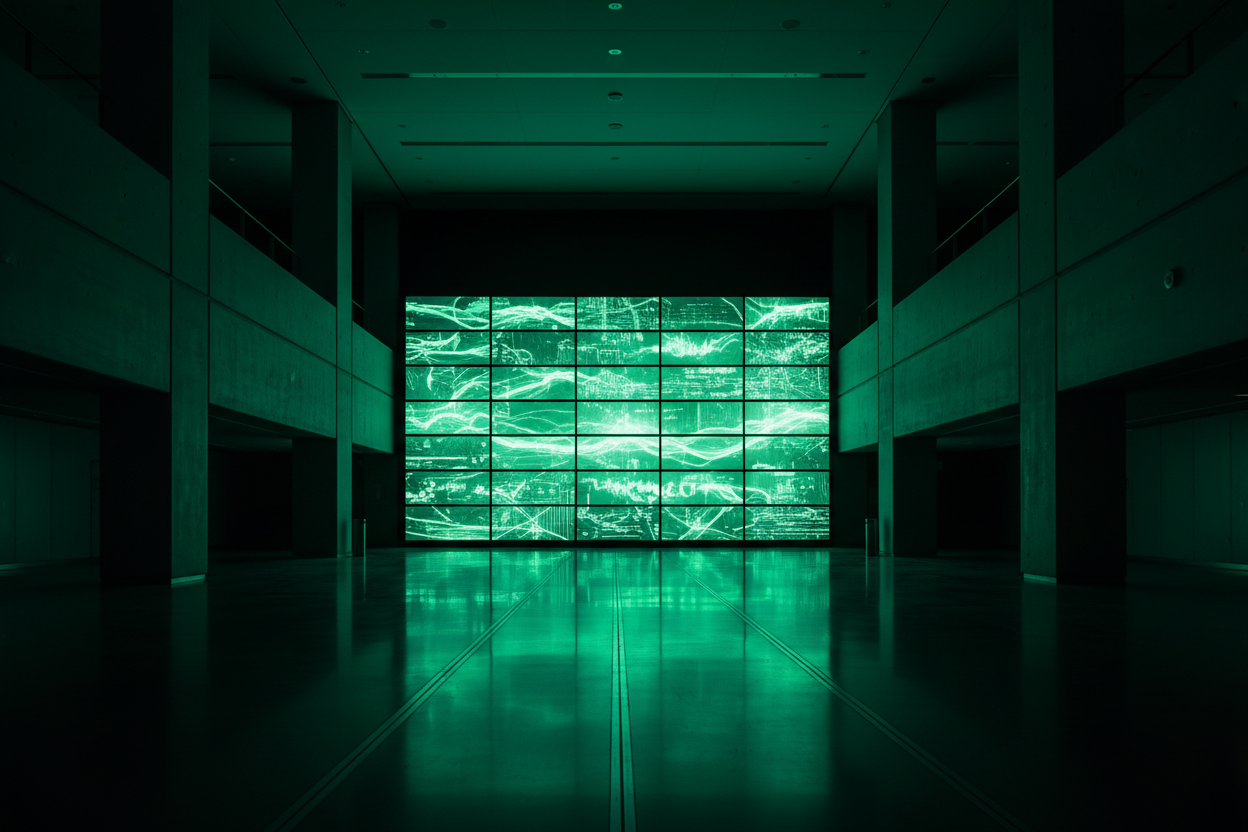 Installation d'affichage dynamique dans un espace moderne avec écrans LED verts