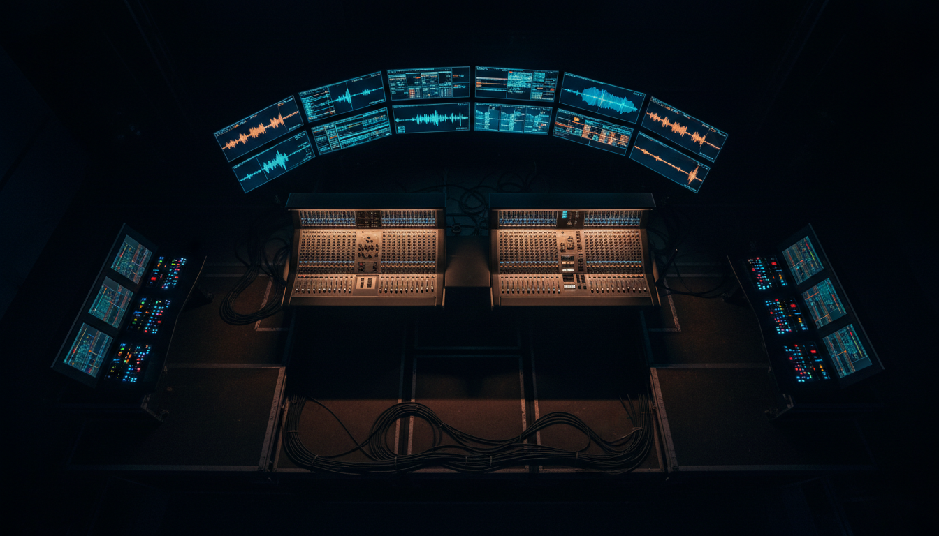 Régie technique de production événementielle avec consoles et écrans de contrôle