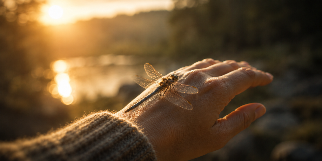 A dragonfly perched on a hand in warm golden-hour sunlight