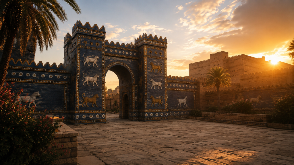 The Ishtar Gate with deep blue glazed brickwork and golden reliefs at sunset