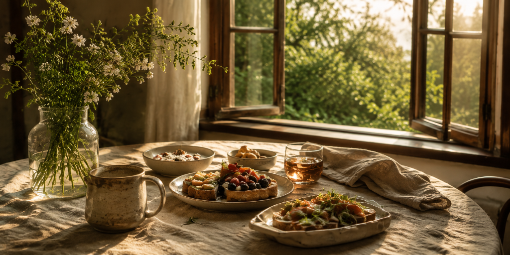 A warm breakfast spread on a round table by a sunlit window