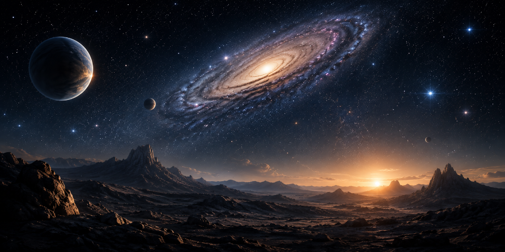A spiral galaxy and planets above a rugged alien landscape at twilight