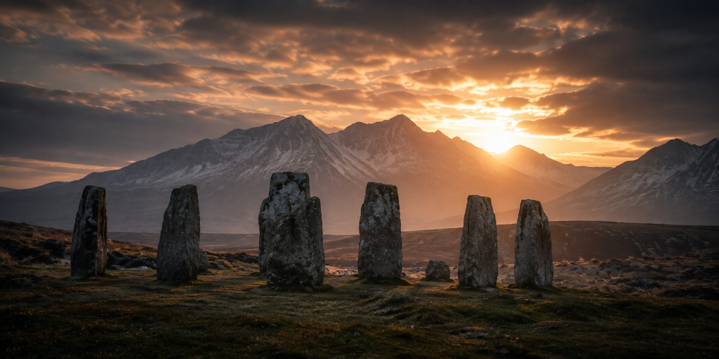 A stone circle of weathered monoliths at sunset with mountains beyond