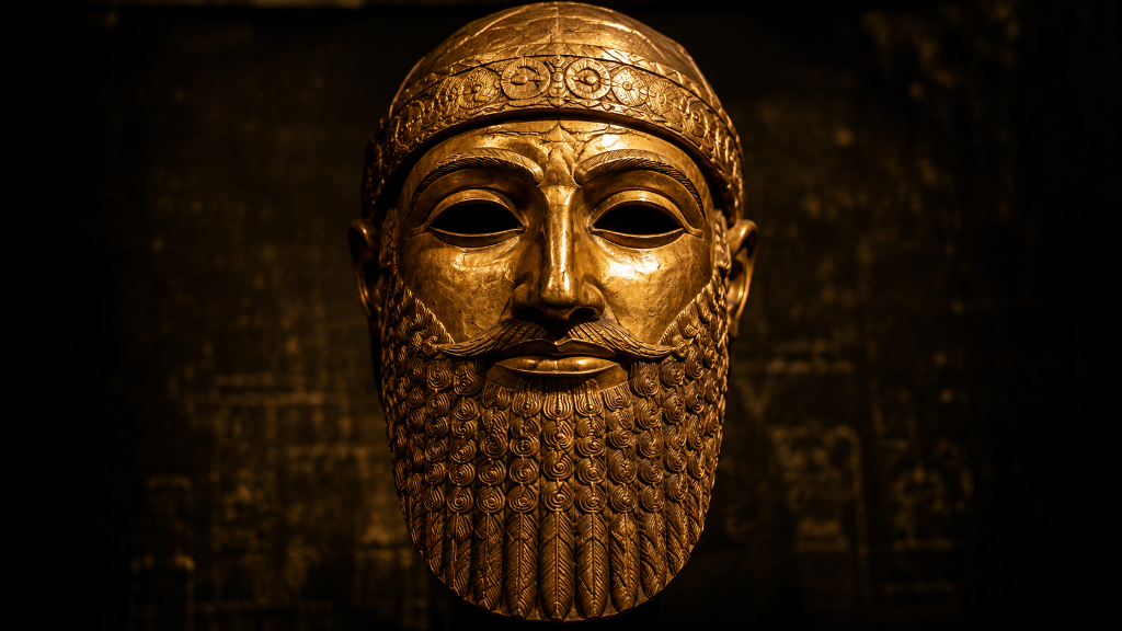 A golden sculptural head of an ancient ruler against a dark background