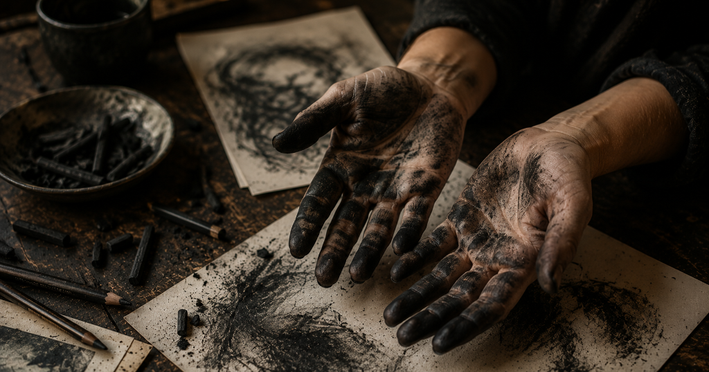 Hands covered in charcoal dust resting on a rustic worktable with drawings