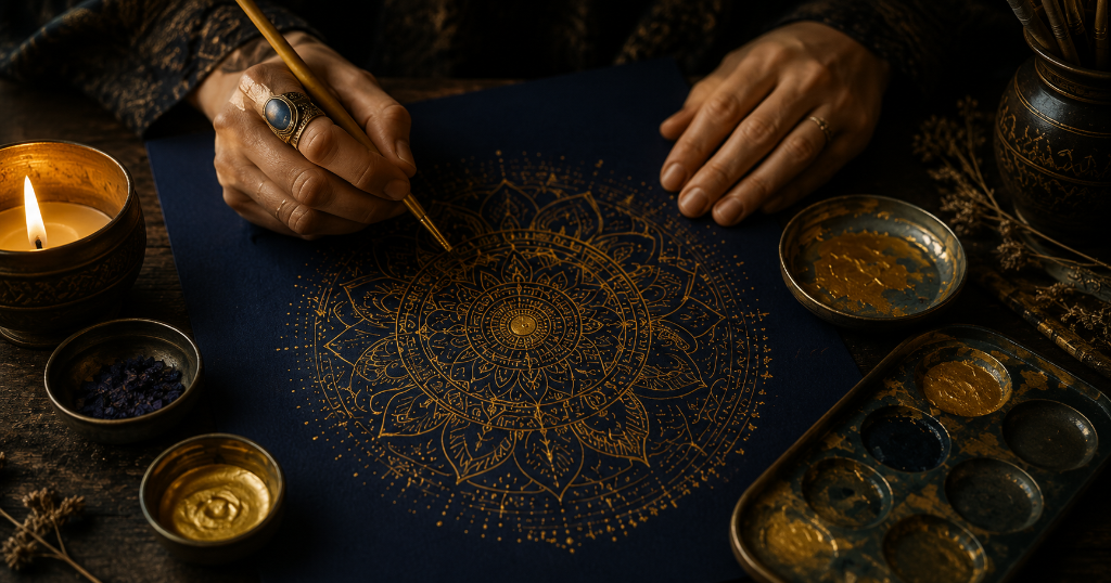 Hands drawing a gold mandala on dark paper by candlelight