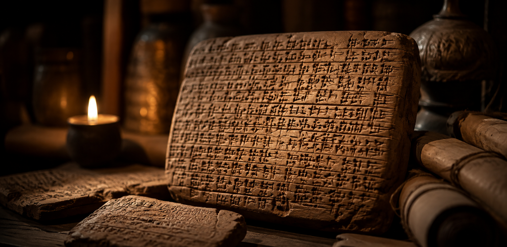 Ancient clay tablets inscribed with cuneiform script lit by warm candlelight