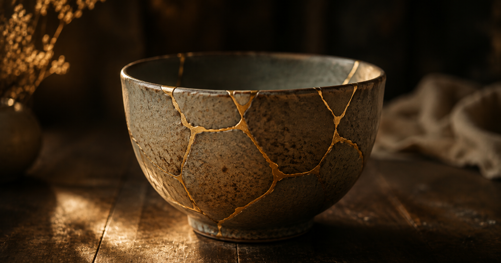 A kintsugi ceramic bowl repaired with gold seams on a dark wooden surface