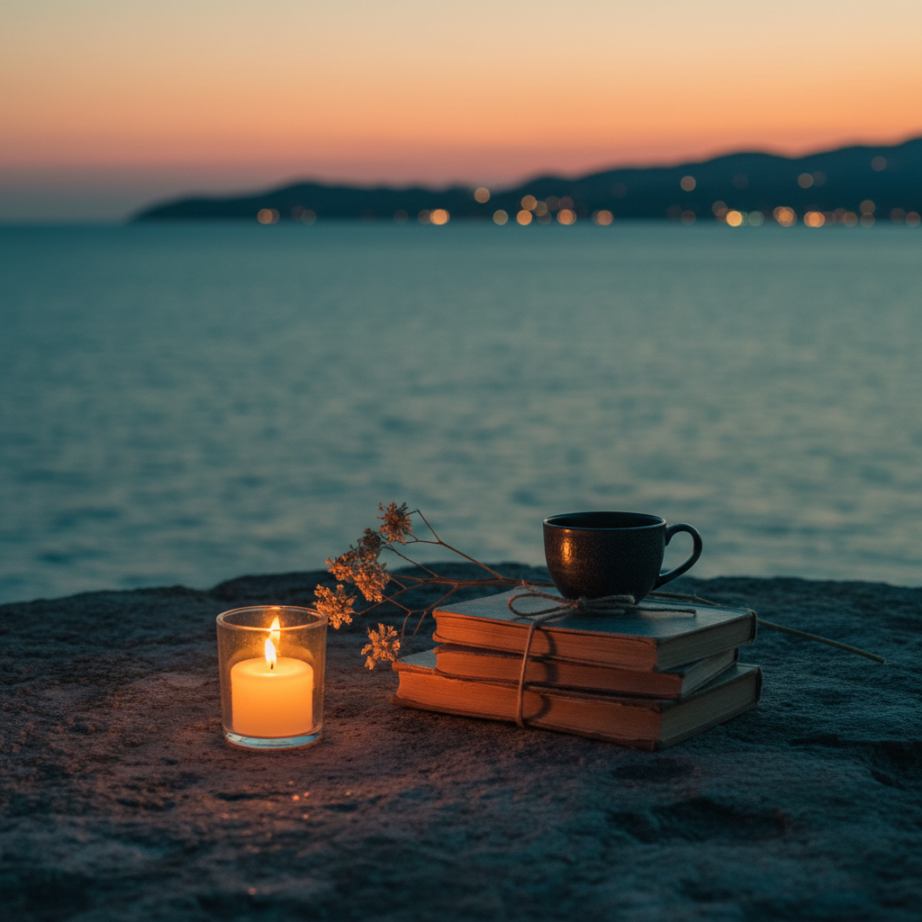 Candlelit scene with books, dried flowers, and ceramics