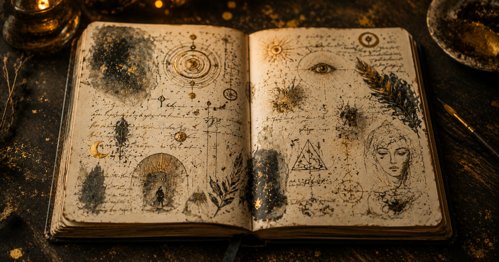 An open antique book with mystical illustrations in ink and gold leaf