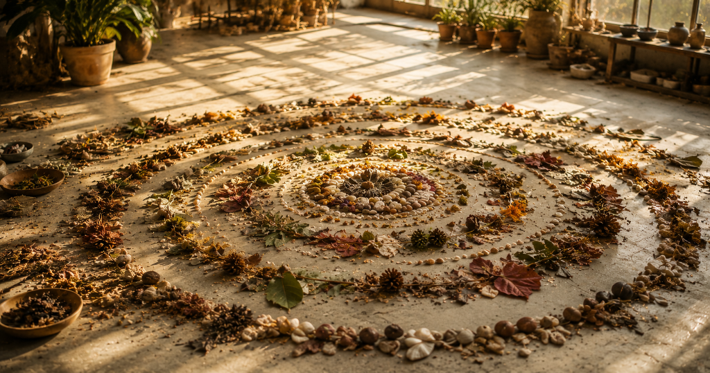 A mandala of leaves, pinecones, and stones arranged on a sunlit greenhouse floor