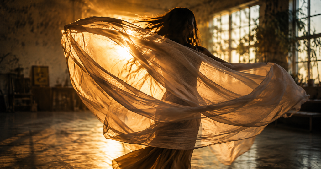 A figure spinning with flowing fabric in golden backlight