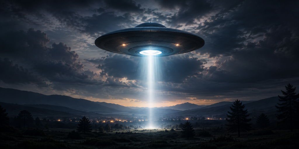 A disc-shaped craft emitting a beam of light over a twilight valley