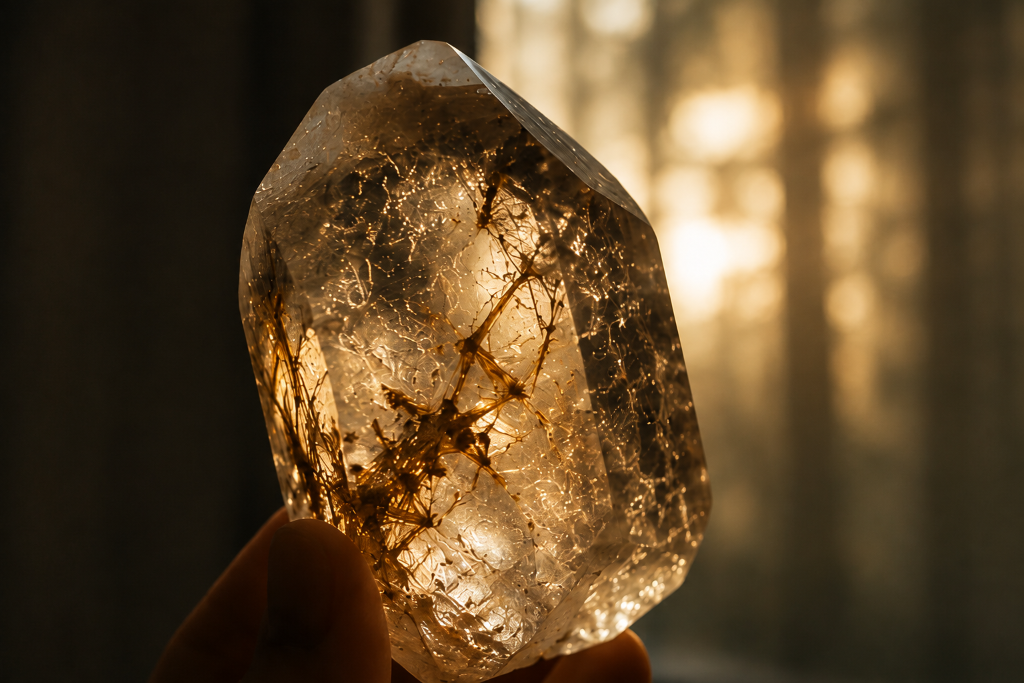 A clear quartz crystal with golden rutile inclusions held in hand