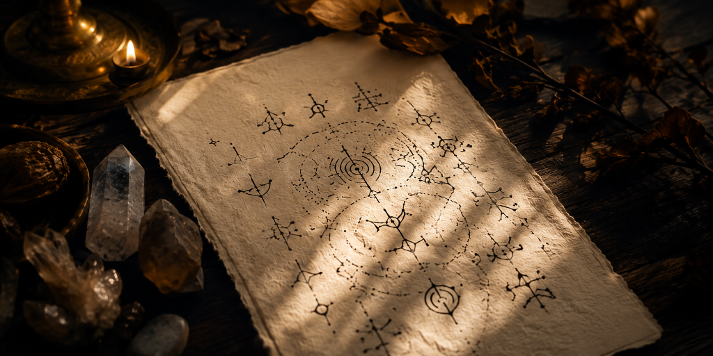 Aged parchment with intricate geometric sigils alongside quartz crystals and a candle
