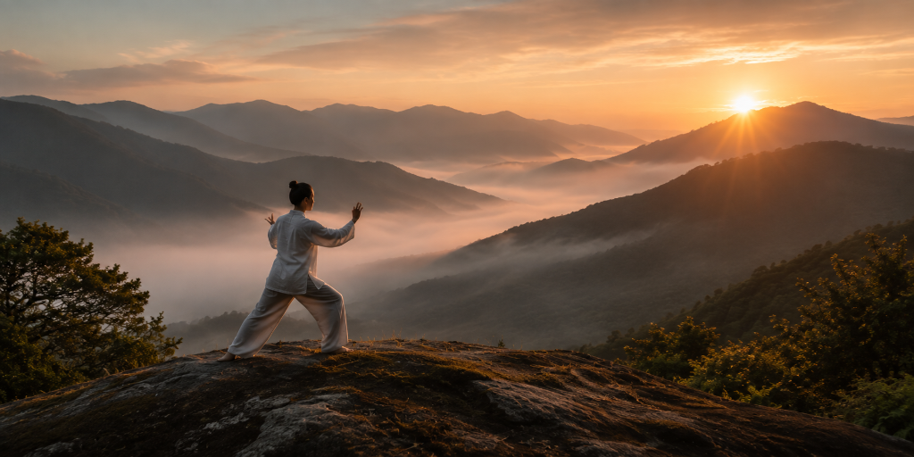 A figure practicing Tai Chi on a rocky outcrop at golden sunrise