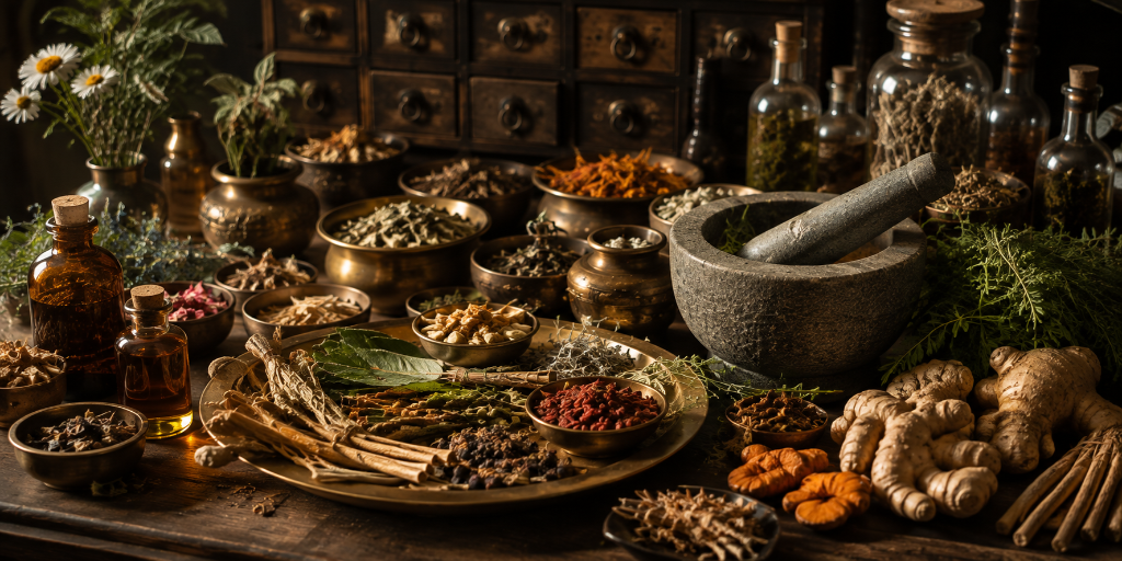 An apothecary table with mortar, pestle, dried herbs, and brass bowls