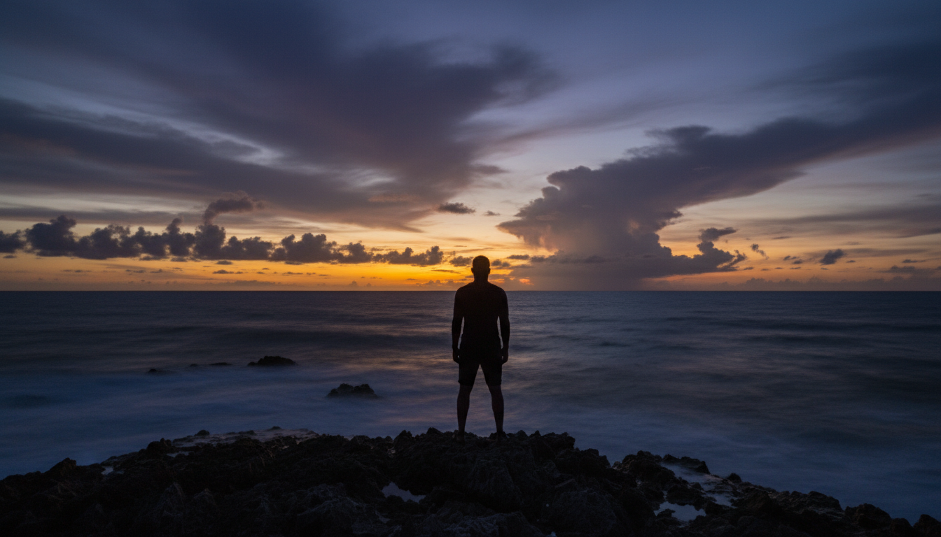 Lone figure on a Trinidadian coastline at dusk