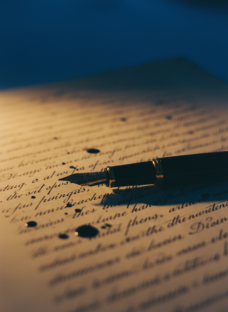 Fountain pen resting on handwritten manuscript