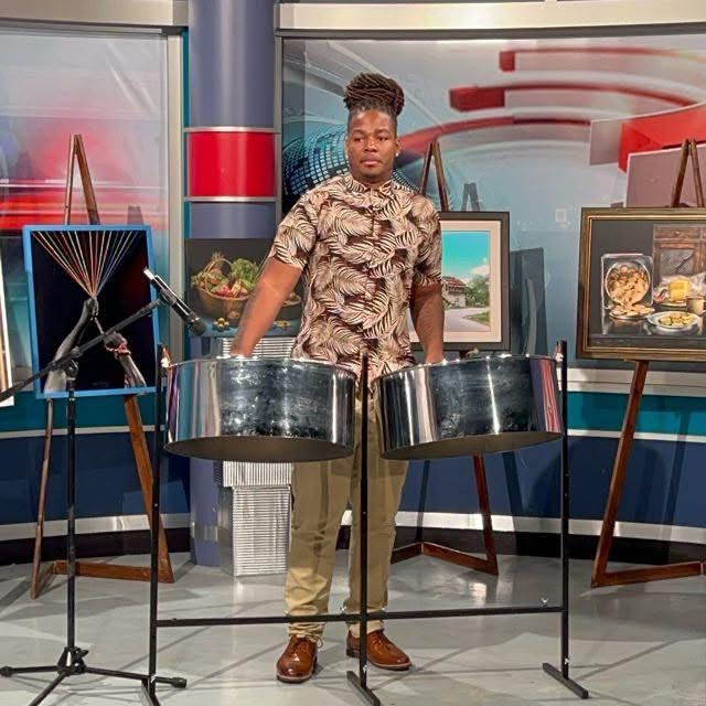 Kobie Alleyne playing steelpan on the TTT Morning Show, Trinidad, 2025