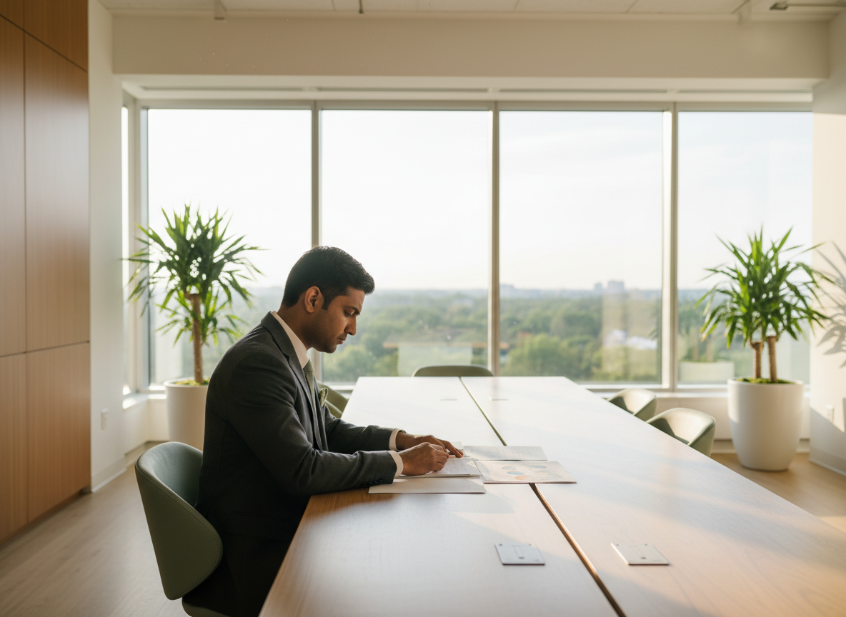 Financial advisor focused on documents in a modern airy office
