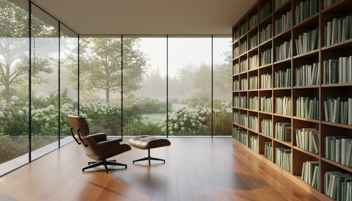 Sunlit modern library with expansive garden view