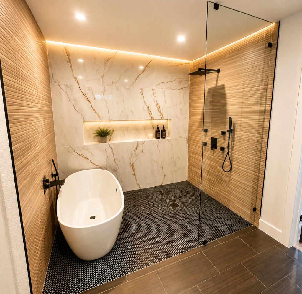 Modern wet room with freestanding soaking tub, frameless glass shower, black penny tile, and backlit marble niche