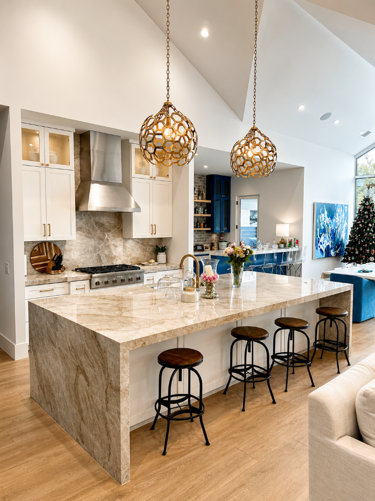 Waterfall marble island, white shaker cabinetry, and brass honeycomb pendant lights