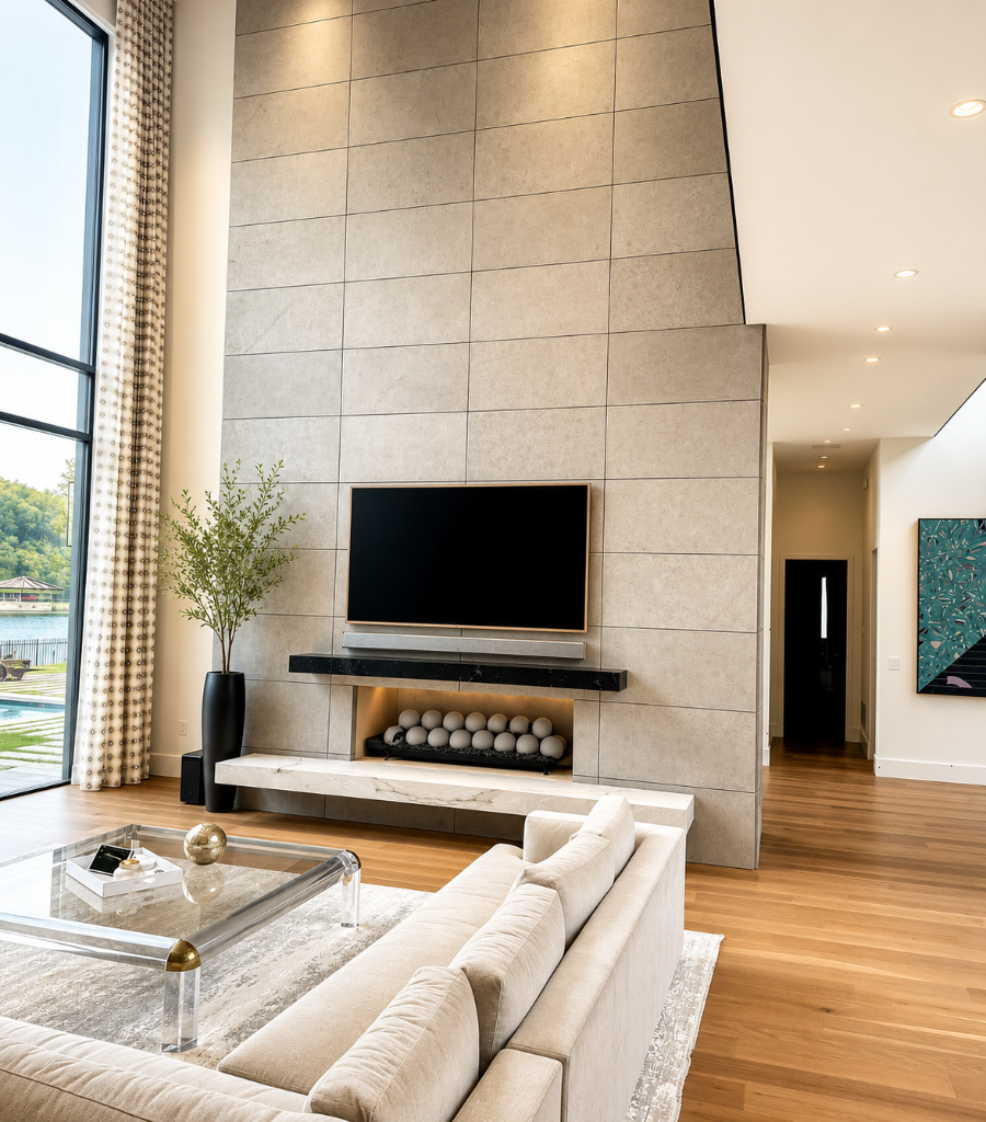 Modern living room with floor-to-ceiling stone fireplace, floating marble mantel, and poolside views