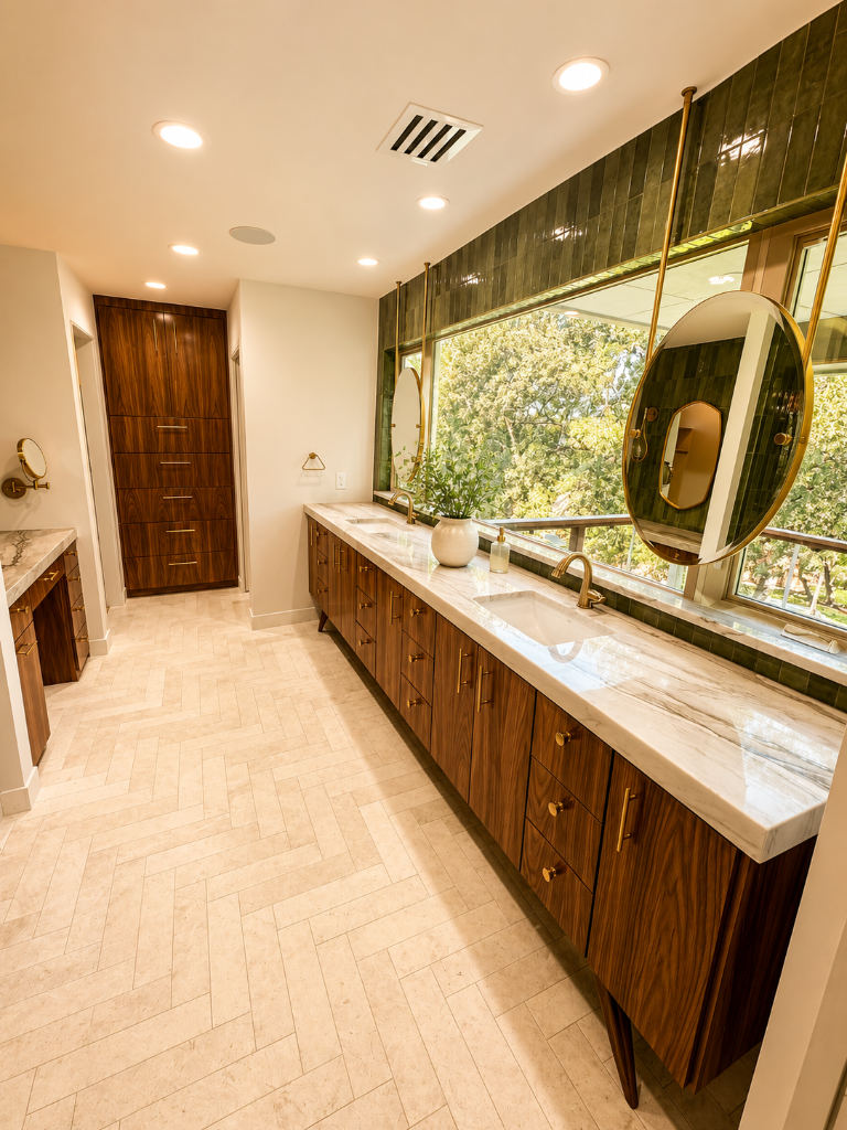 Floating walnut double vanity with marble countertops, olive green subway tile, and brass pendant mirrors overlooking Lake Travis